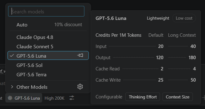 Modelkiezer in GitHub Copilot met GPT-5.6 Luna geselecteerd en het creditverbruik per 1M tokens