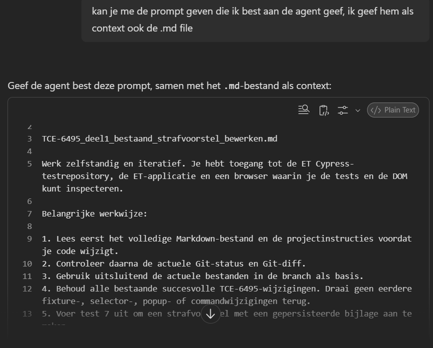 Voorbeeldprompt die M365 Copilot voorstelt om aan een lokale agent mee te geven, met verwijzing naar het instructions-bestand en een stapsgewijze werkwijze
