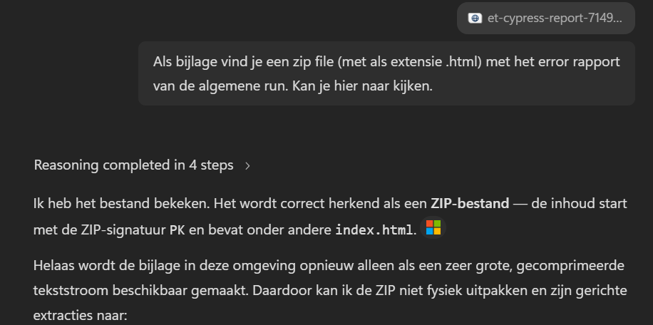 M365 Copilot krijgt de instructie dat een opgeladen zip-bestand de extensie .html heeft en vóór het uitpakken hernoemd moet worden naar .zip