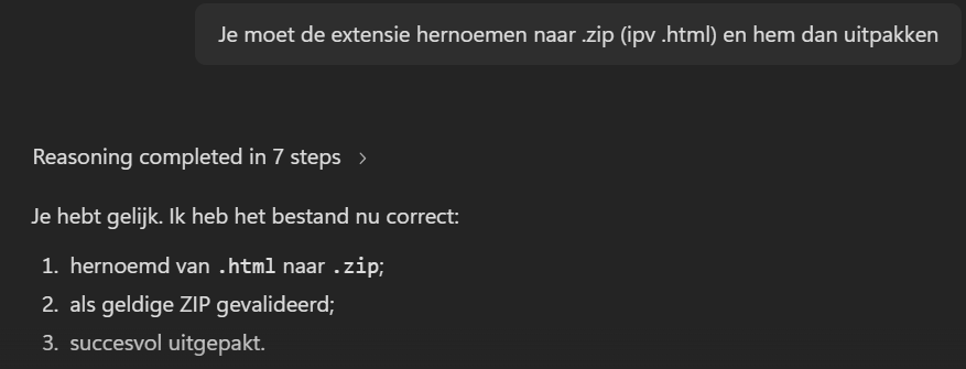 M365 Copilot bevestigt dat het bestand hernoemd is van .html naar .zip, gevalideerd is als geldig zip-bestand en succesvol uitgepakt werd